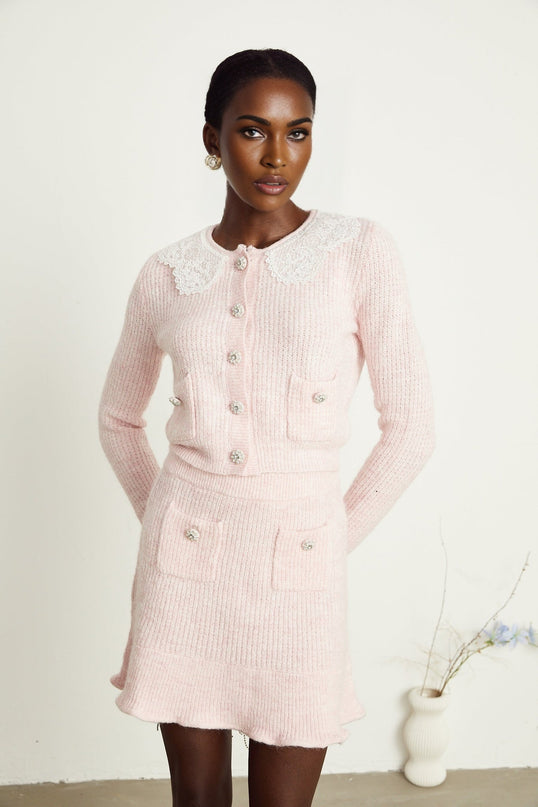 Rita Pink Cardigan Skirt Set Luxury Elegance Ribbed Knit Lace Panel Flounce Hem Patch Pockets Slip-on Style Chic Styling Versatile Fashion Lover