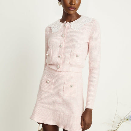Rita Pink Cardigan Skirt Set Acrylic Nylon Terylene Lace Ribbed Knit Flounce Hem Patch Pockets Slip-On Style