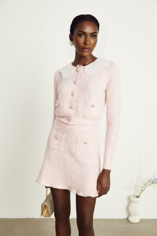 Rita Pink Cardigan Skirt Set Acrylic Nylon Terylene Lace Ribbed Knit Flounce Hem Patch Pockets Slip-On Style