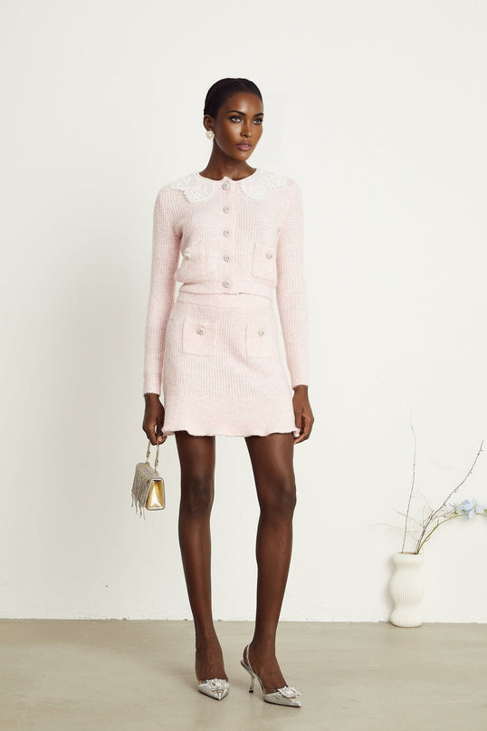 Rita Pink Cardigan Skirt Set Acrylic Nylon Terylene Ribbed Knit Lace Panel Collar Flounce Hem Patch Pockets Slip-On Style