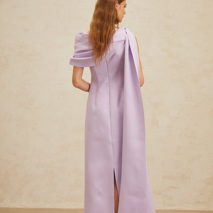 Rita Purple One-Shoulder Cape Maxi Dress with Ruched Detailing and Rear Slit