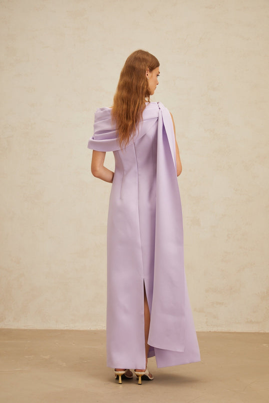Rita Purple One-Shoulder Cape Maxi Dress with Ruched Detailing and Rear Slit
