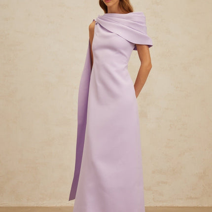 Rita Purple Maxi Dress with One-Shoulder Design and Dramatic Cape