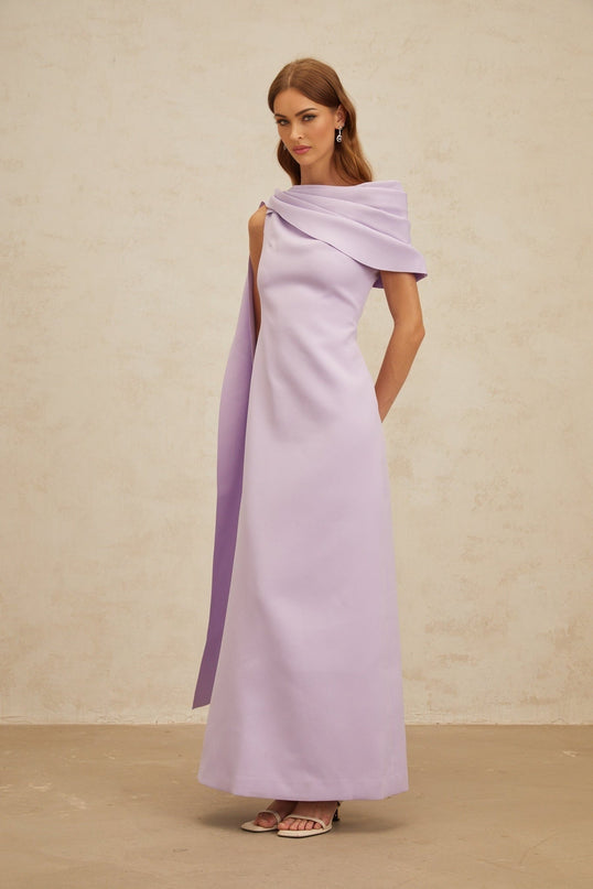 Rita Purple Maxi Dress with One-Shoulder Design and Dramatic Cape