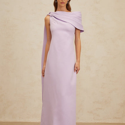 Rita Purple One-Shoulder Cape Maxi Dress with Ruched Detailing and Rear Slit