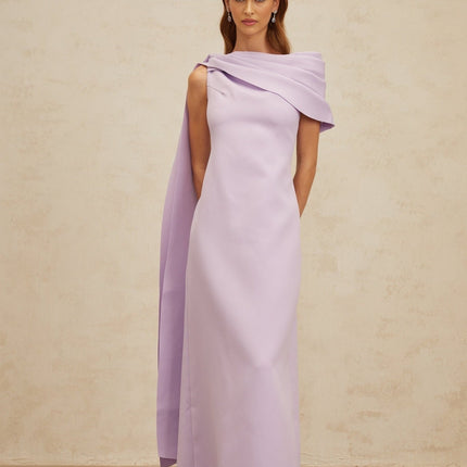 Rita Purple One Shoulder Maxi Dress with Cape and Rear Slit in Terylene and Spandex Blend