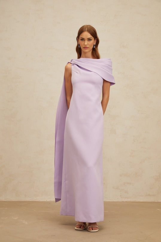 Rita Purple One Shoulder Maxi Dress with Cape and Rear Slit in Terylene and Spandex Blend