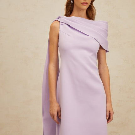 Rita Purple One-Shoulder Cape Maxi Dress with Rear Slit and Ruched Detailing