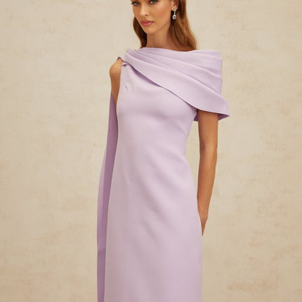 Rita Purple One-Shoulder Cape Maxi Dress with Ruched Detailing and Rear Slit