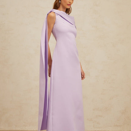 Rita Purple One-Shoulder Cape Maxi Dress with Ruched Detailing and Rear Slit