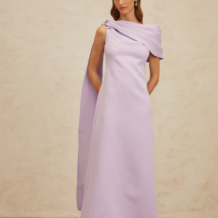Rita Purple One Shoulder Cape Maxi Dress with Ruched Detailing and Rear Slit in Terylene and Spandex Blend