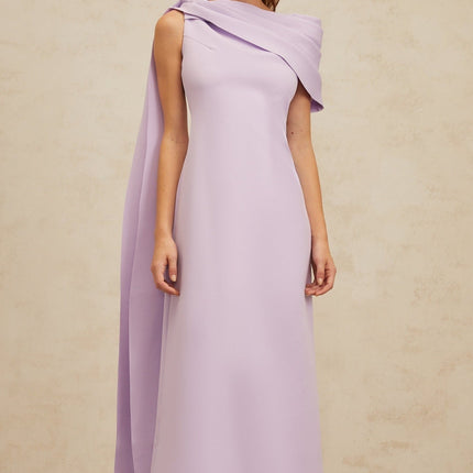 Rita Purple One-Shoulder Cape Maxi Dress with Ruched Detailing and Rear Slit