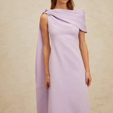 Rita Purple One-Shoulder Cape Maxi Dress with Ruched Detailing and Rear Slit in Terylene and Spandex Blend