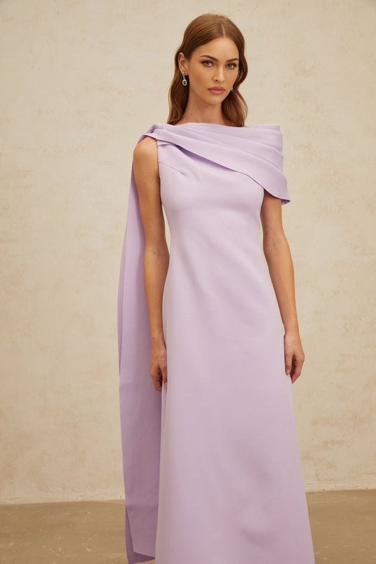 Rita Purple One-Shoulder Cape Maxi Dress with Ruched Detailing and Rear Slit in Terylene and Spandex Blend
