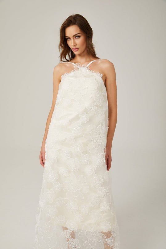 Rita White Floral Maxi Dress elegant statement piece with delicate floral appliqué and scoop back