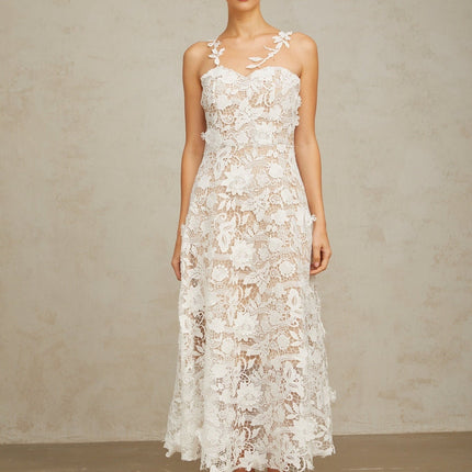 Rita White Guipure Lace and Tulle Midi Dress
