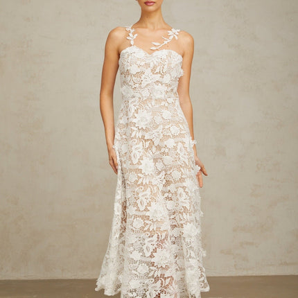 Rita White Guipure Lace and Tulle Midi Dress with Round Neck and Zip Fastening