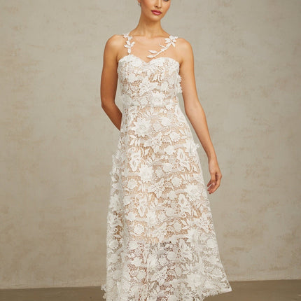 Rita White Guipure Lace Tulle Midi Dress Round Neck Sleeveless Half Lining Rear Zip Fastening 77% Terylene 23% Cotton