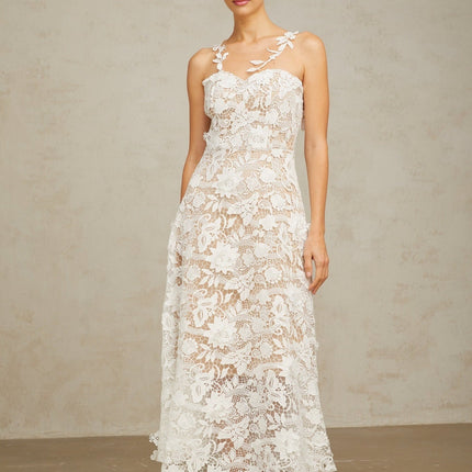 Rita White Guipure Lace Tulle Midi Dress Round Neck Sleeveless Half Lined Zip Fastening 77% Terylene 23% Cotton