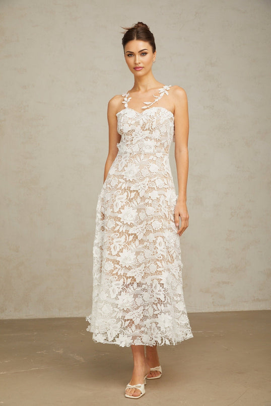 Rita White Guipure Lace Tulle Midi Dress Round Neck Sleeveless Half Lined Zip Fastening 77% Terylene 23% Cotton