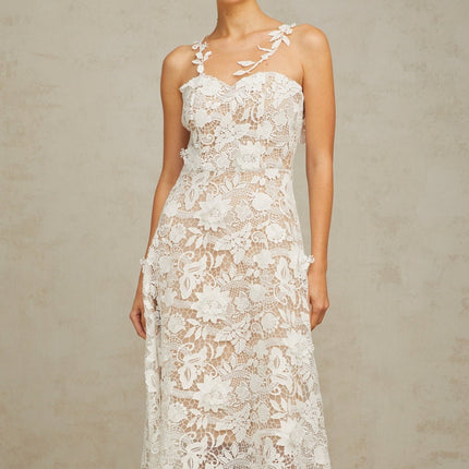 Rita White Guipure Lace Tulle Panel Midi Dress Round Neck Sleeveless Elegant Zip Fastening Half Lining 77% Terylene 23% Cotton