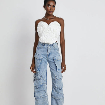 Roberta Blue Cargo Pocket High-Waisted Wide-Leg Trousers 100% Cotton