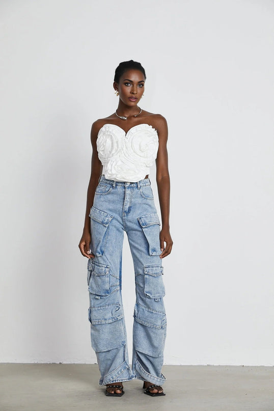 Roberta Blue Cargo Pocket High-Waisted Wide-Leg Trousers 100% Cotton