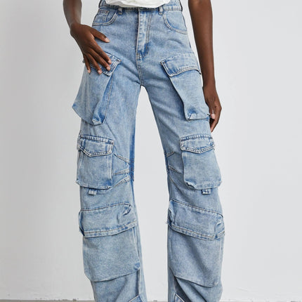 Roberta Blue Cargo Pocket High-Waisted Wide-Leg Trousers