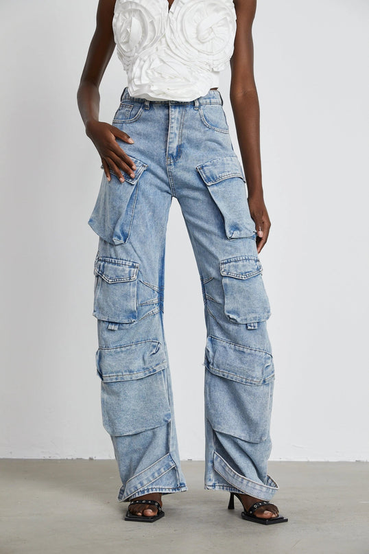 Roberta Blue Cargo Pocket High-Waisted Wide-Leg Trousers