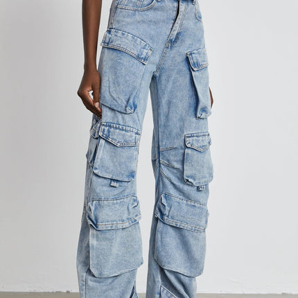 Roberta Blue Cargo Pocket High-Waisted Wide-Leg Trousers 100% Cotton