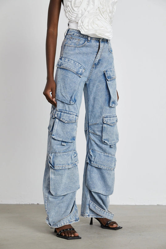 Roberta Blue Cargo Pocket High-Waisted Wide-Leg Trousers 100% Cotton