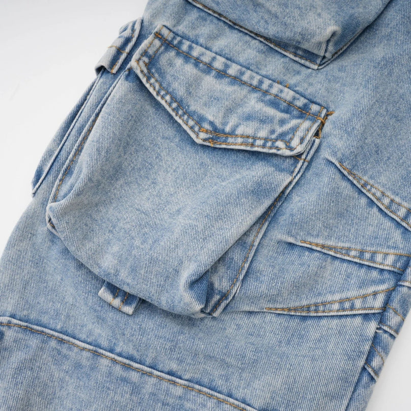 Roberta Blue Cotton Cargo Pocket Wide Leg Trousers