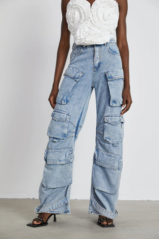 Roberta Blue Cotton Cargo Trousers