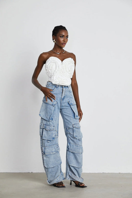 Roberta Blue Cotton Cargo Trousers