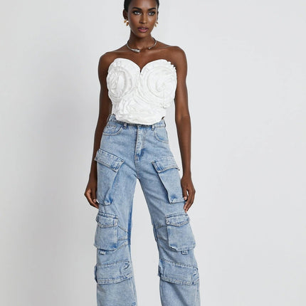 Roberta Blue Cotton High Waisted Wide Leg Cargo Pocket Trousers