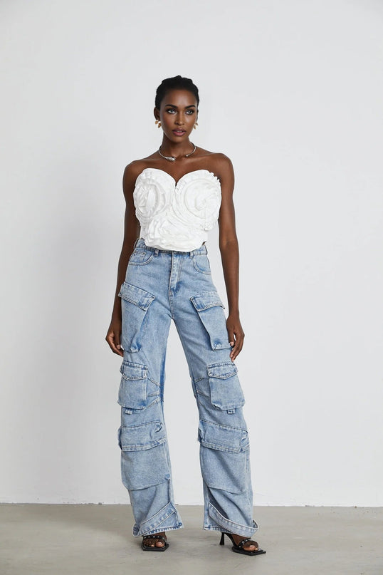 Roberta Blue Cotton High Waisted Wide Leg Cargo Pocket Trousers