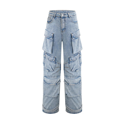 Roberta Blue Cotton High Waisted Wide Leg Trousers with Cargo Pockets
