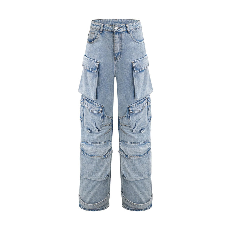 Roberta Blue Cotton High Waisted Wide Leg Trousers with Cargo Pockets