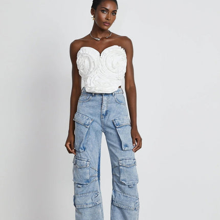 Roberta Blue Cotton High-Waisted Wide-Leg Trousers with Cargo Pockets