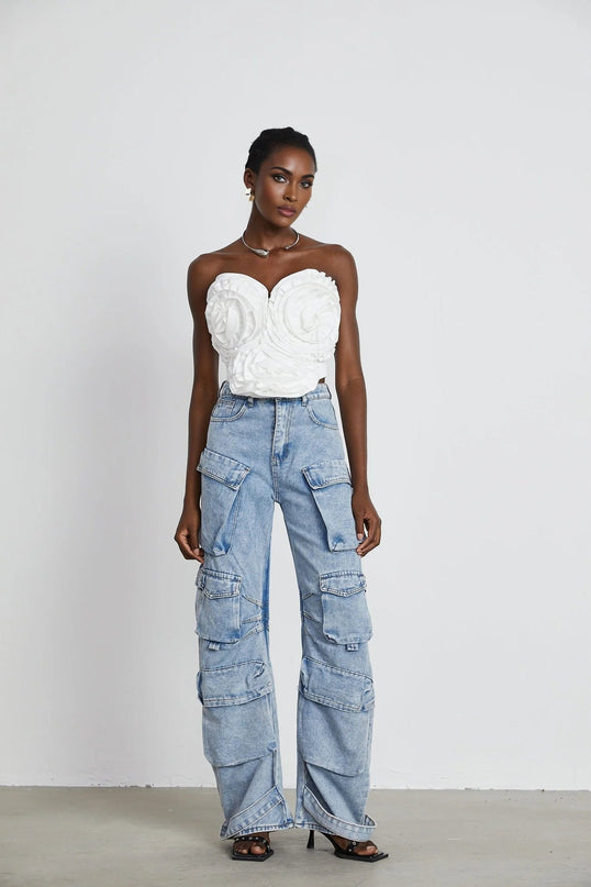 Roberta Blue Cotton High-Waisted Wide-Leg Trousers with Cargo Pockets