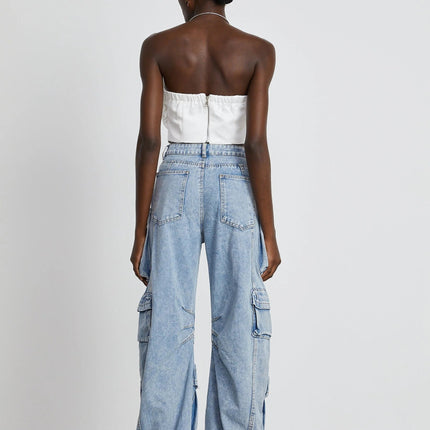Roberta Blue Cotton High-Waisted Wide-Leg Trousers with Cargo Pockets