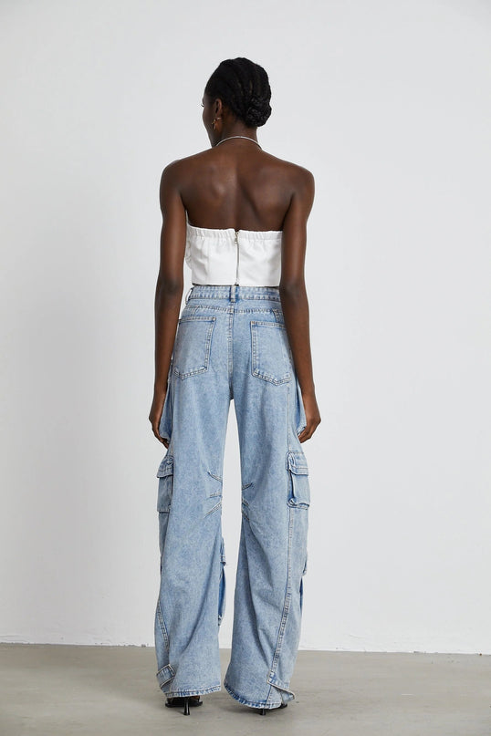 Roberta Blue Cotton High-Waisted Wide-Leg Trousers with Cargo Pockets