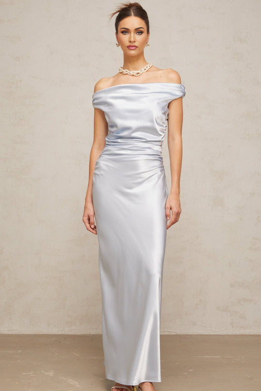 Roberta Blue Maxi Dress with Off-Shoulder Neckline and Ruched Detailing