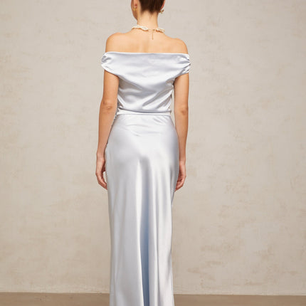 Roberta Blue Satin Maxi Dress with Off-Shoulder Neckline and Ruched Detailing