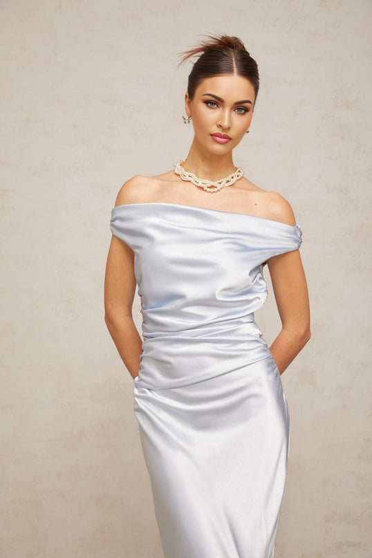 Roberta Blue Satin Maxi Dress with Off-Shoulder Neckline and Ruched Detailing