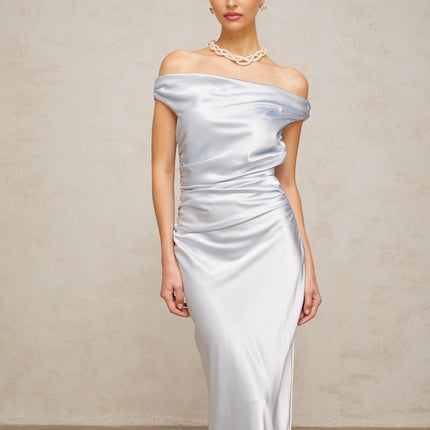 Roberta Blue Satin Maxi Dress with Off-Shoulder Neckline and Ruched Detailing
