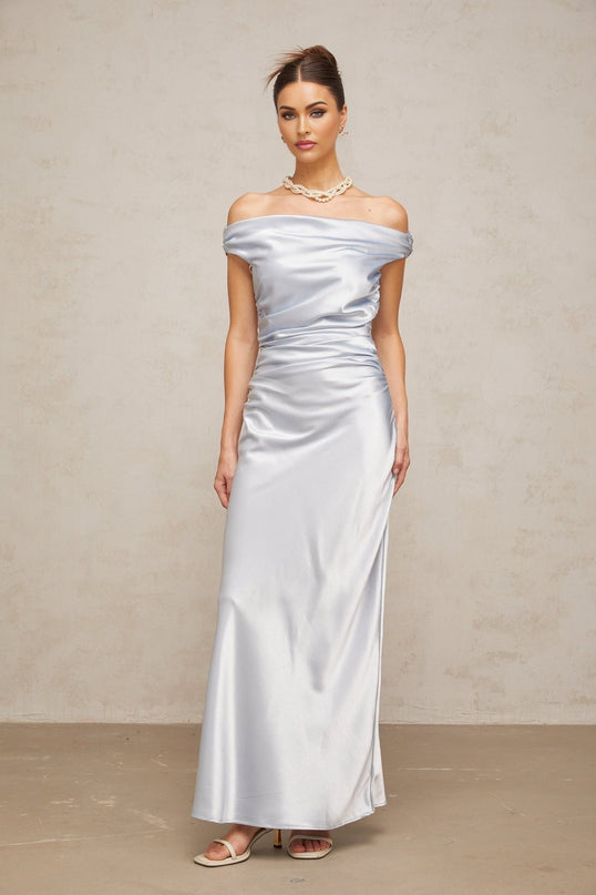 Roberta Blue Satin Maxi Dress with Off-Shoulder Neckline and Ruched Detailing