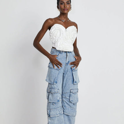 Roberta Blue Wide Leg Cargo Trousers