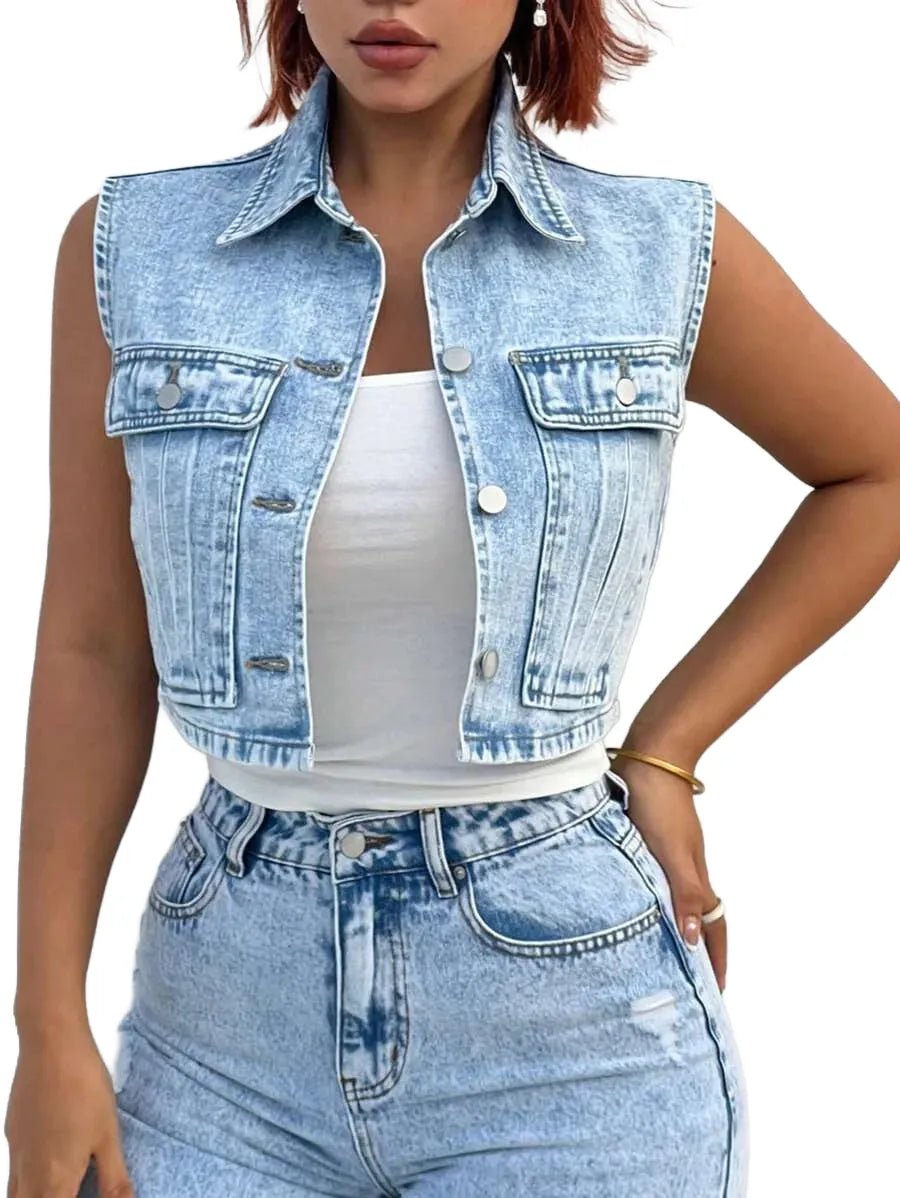 Roberta Cropped Denim Jacket with Button Closure in Blue - XS