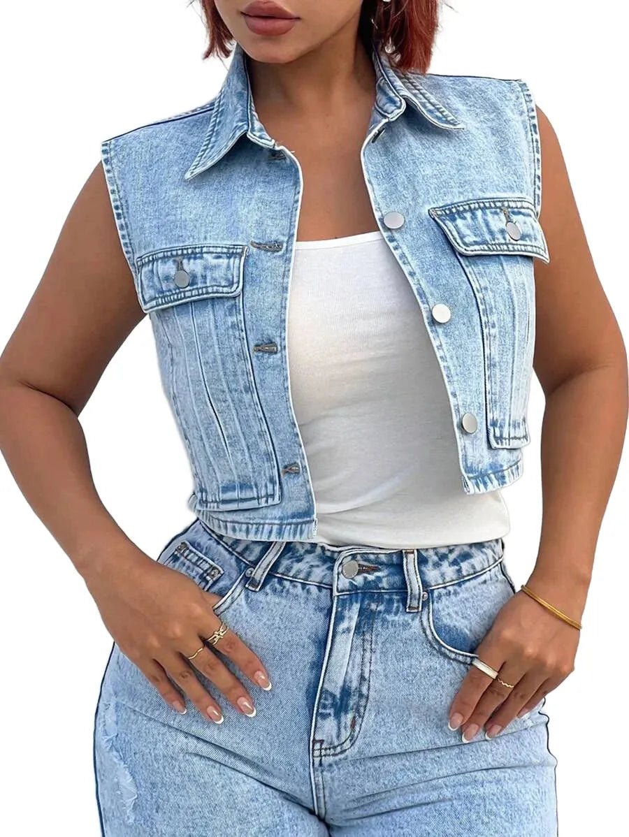 Roberta Cropped Denim Jacket with Button Closure in Blue - XS